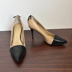 Levity Jalone Tan Leather Black Snake-embossed Toe Lace-up Bow Detail Heels Sz 7